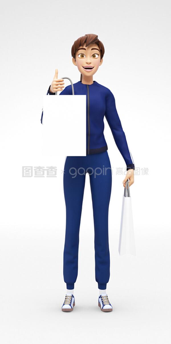 由微笑和快乐的3d女性角色持有的空白购物袋模型